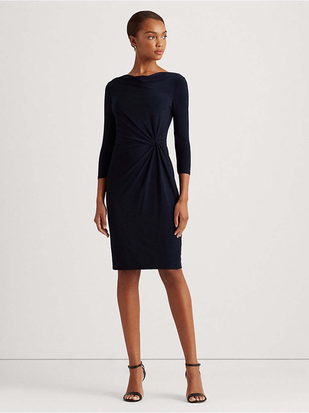 Lauren Ralph Lauren Navy Blue Long Sleeve Twist Side Ruched Sheath Dress